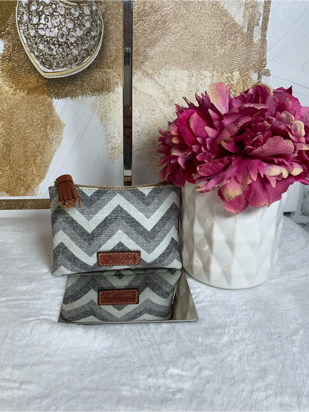 Dooney & Bourke Gray and White Chevron Cosmetic Pouch with Leather Trim